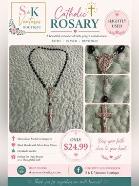 Black Bead Catholic Rosary Necklace with Silver-Tone Crucifix